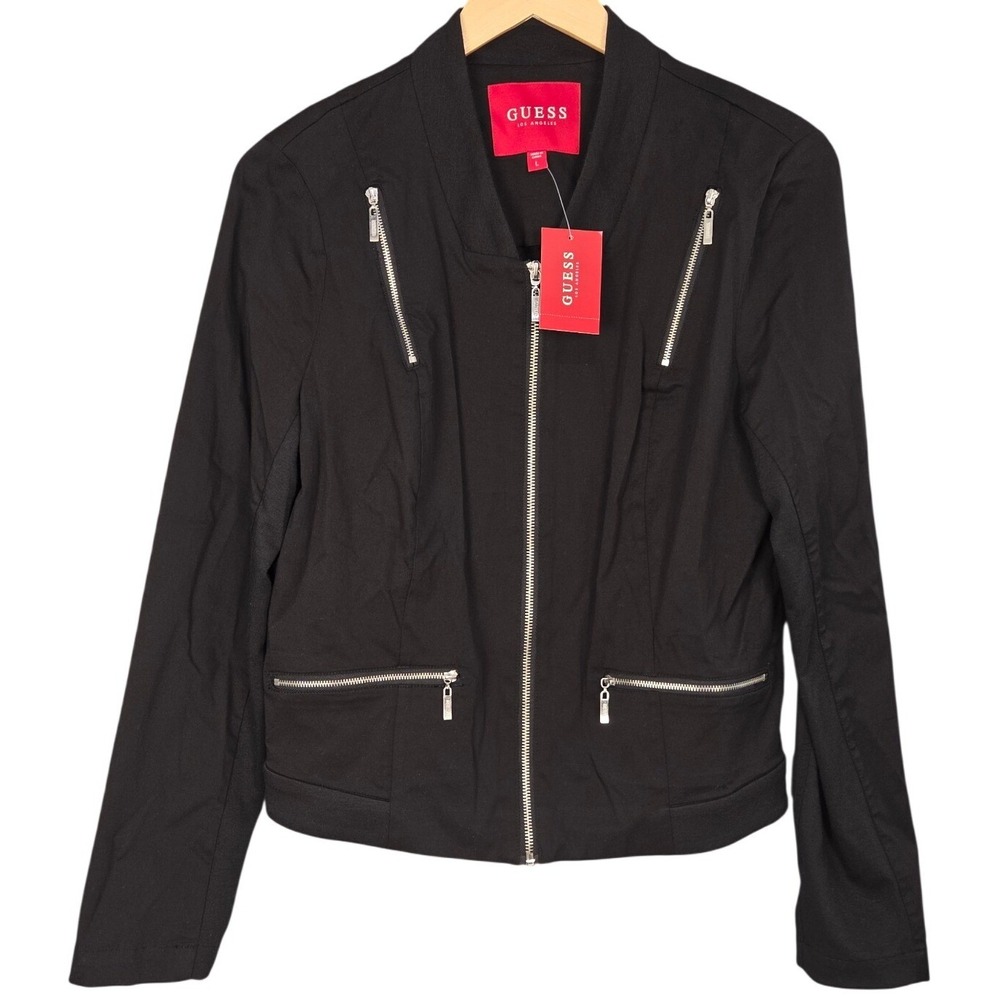 Guess Katzee Twill Jacket Women Large Black Full Zip Pocket Moto Biker Edgy NEW